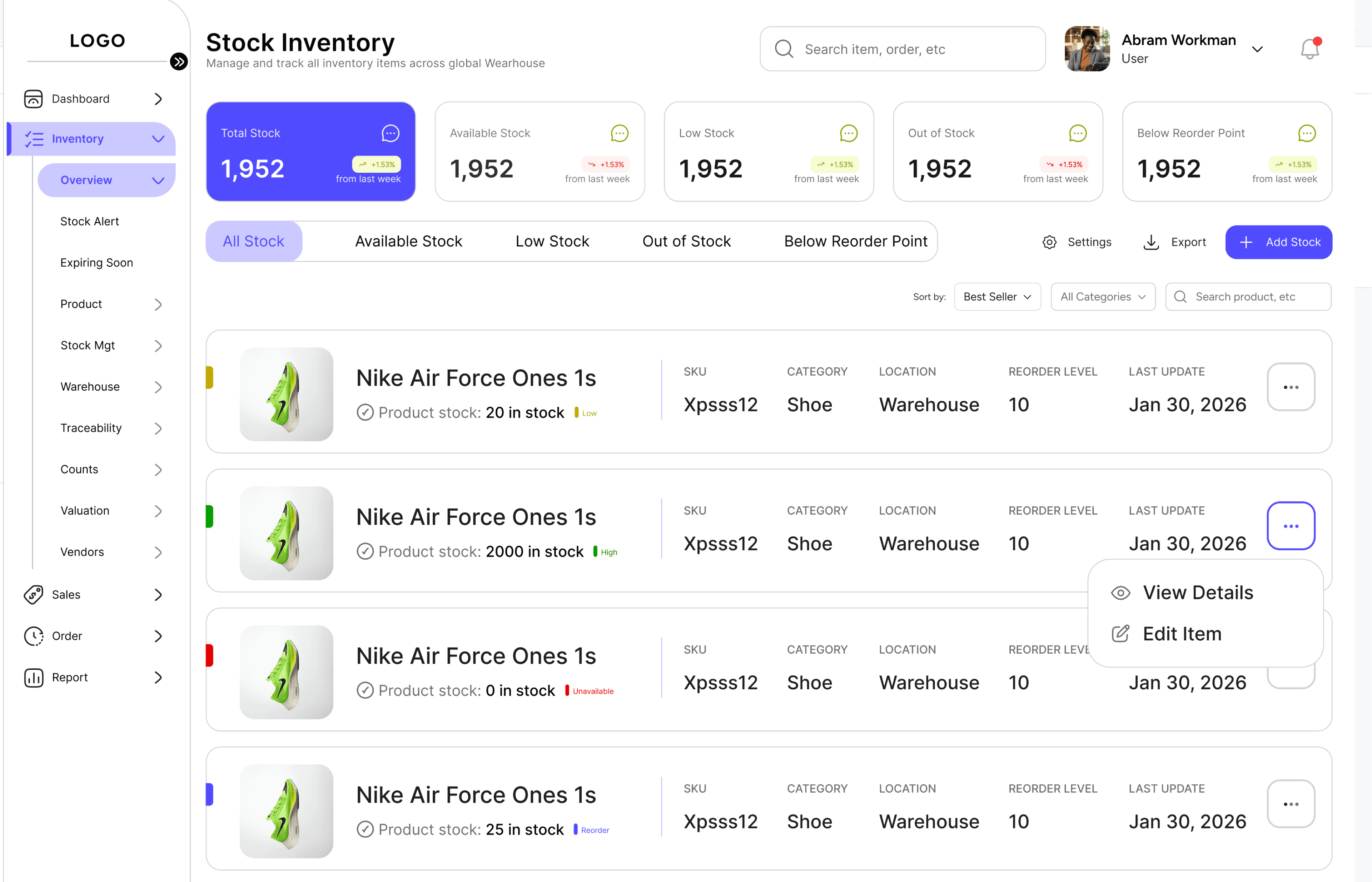 Rexipt inventory dashboard showing stock management interface
