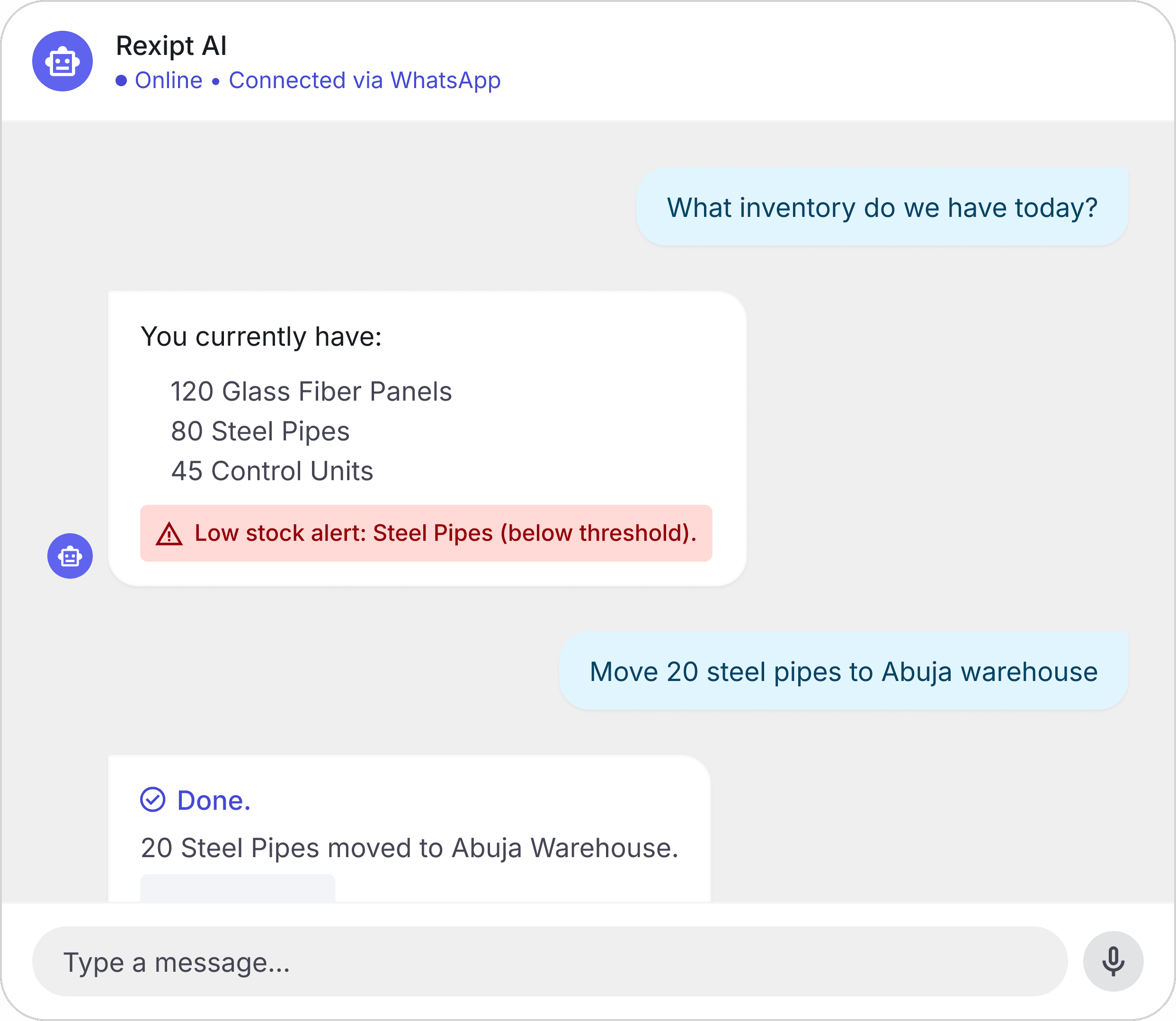 Rexipt AI WhatsApp assistant showing inventory checks and warehouse transfer commands