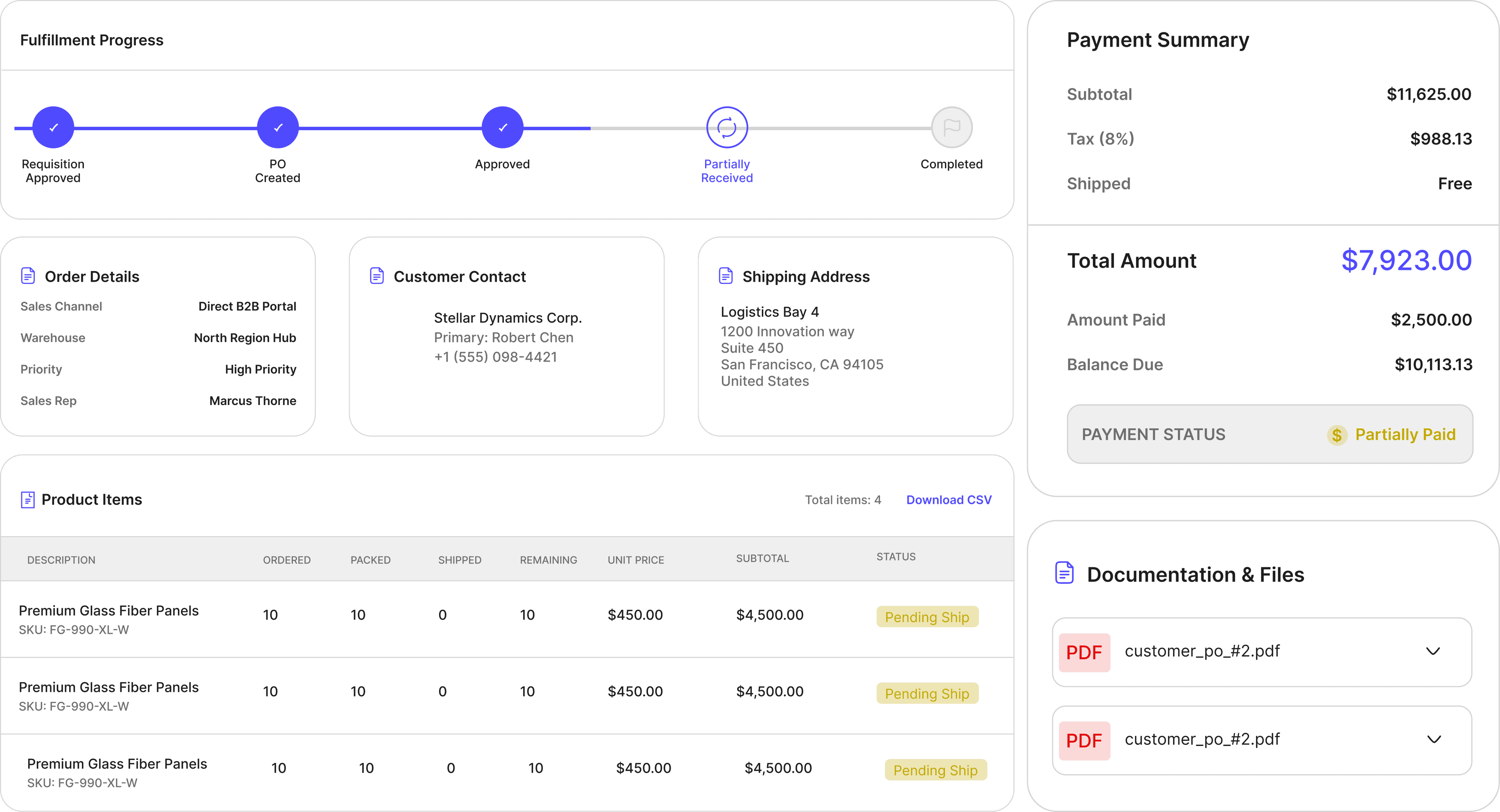 Sales order management interface